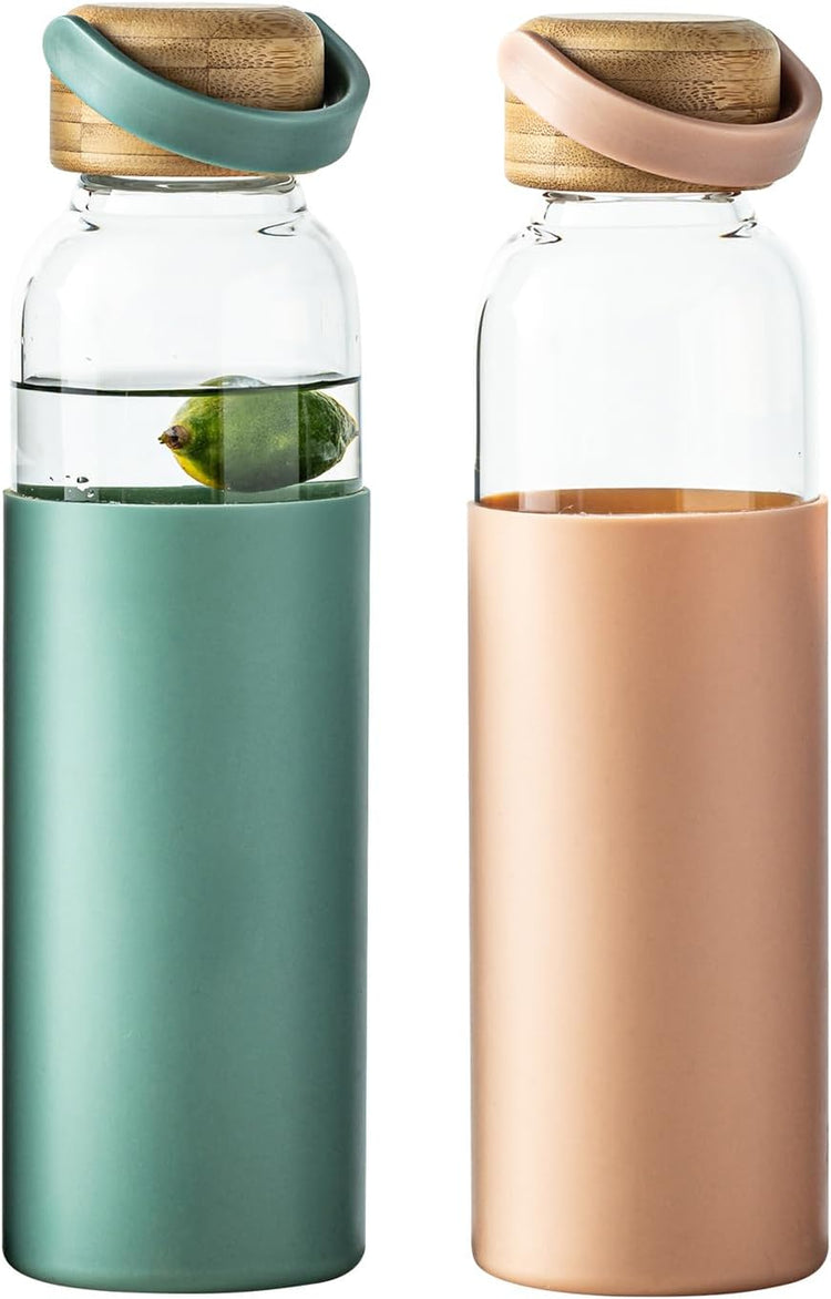 21oz Borosilicate Glass Water Bottles with Silicone Non-Slip Sleeve & Leak-Proof Lid-Reusable Drink Bottle for Office,Travel,Gym,Hiking-BPA Free,Ideal Gift for Home,Car &Fitness (Pink+Green)
