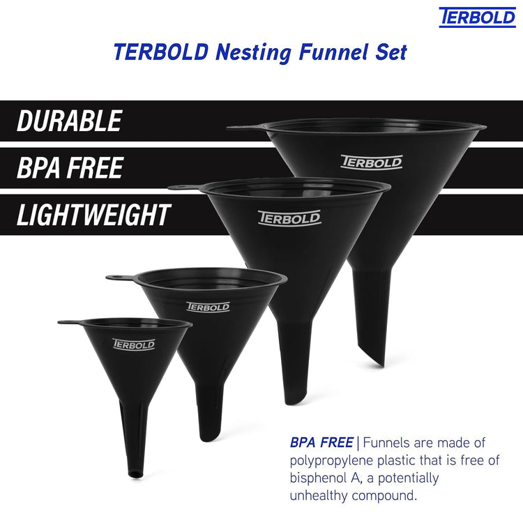 4pc Funnel Nesting Set in BPA Free Plastic for Kitchen Cooking, Car Oil, Home, or Lab Use (Black)