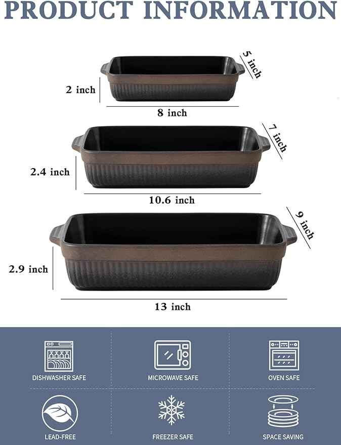 Kanwone Ceramic Baking Dishes, Rectangular Lasagna Pans, Casserole Dishes, Bakeware Set for Cooking, Kitchen, Cake Dinner, 9 x 13 Inches, Stripe Series - Reactive Glazed (Matte Black)