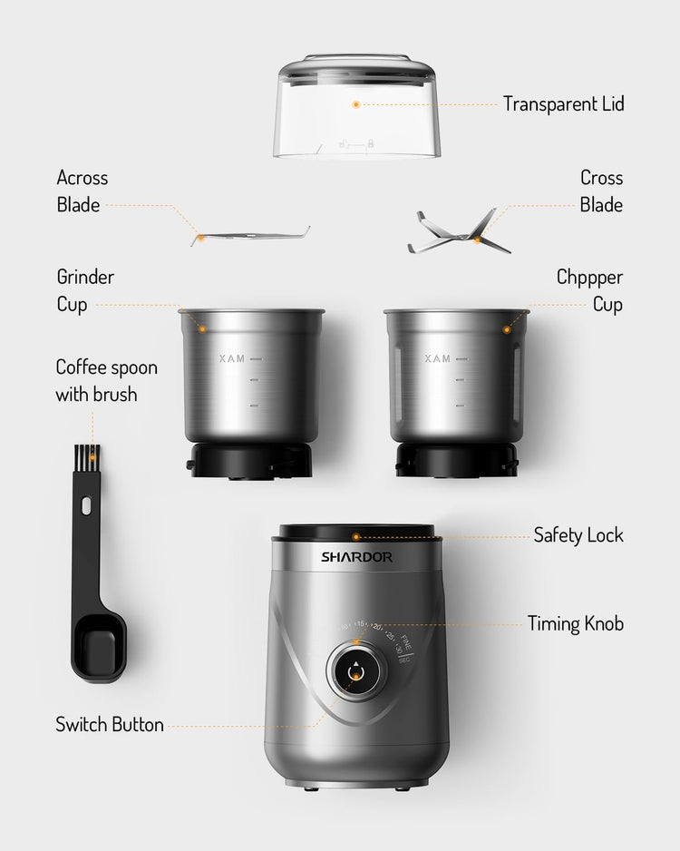 SHARDOR Adjustable Coffee Grinder Electric, Herb, Spice, Coffee Bean,Espresso Grinder with 2 Removable Stainless Steel Wet and Dry Bowl, Silver