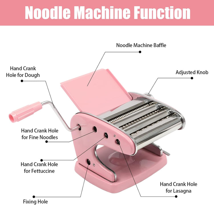 Pasta Maker Machine-6 Adjustable Thickness Settings, Adjustable Clamp, stainless steel Construction for Spaghetti, Fettuccini, Lasagna, Dumpling Skins (Pink pasta maker)