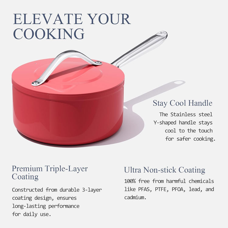 3.5qt Nonstick Ceramic Sauce Pan with Lid (8.19") Even Heat Distribution, Non Toxic & PFAS Free Healthy Cooking Pot for All Stovetops (Induction/Gas/Electric), Oven Safe 500ยฐF, Fusion Red