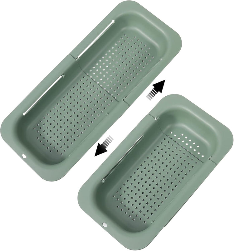 Collapsible Sink Colanders and Strainers Basket Extendable Plastic Fruit Vegetable Strainer Drainer Basket for Kitchen (Length 13.6 inch-18.7 inch) (Apple Green)
