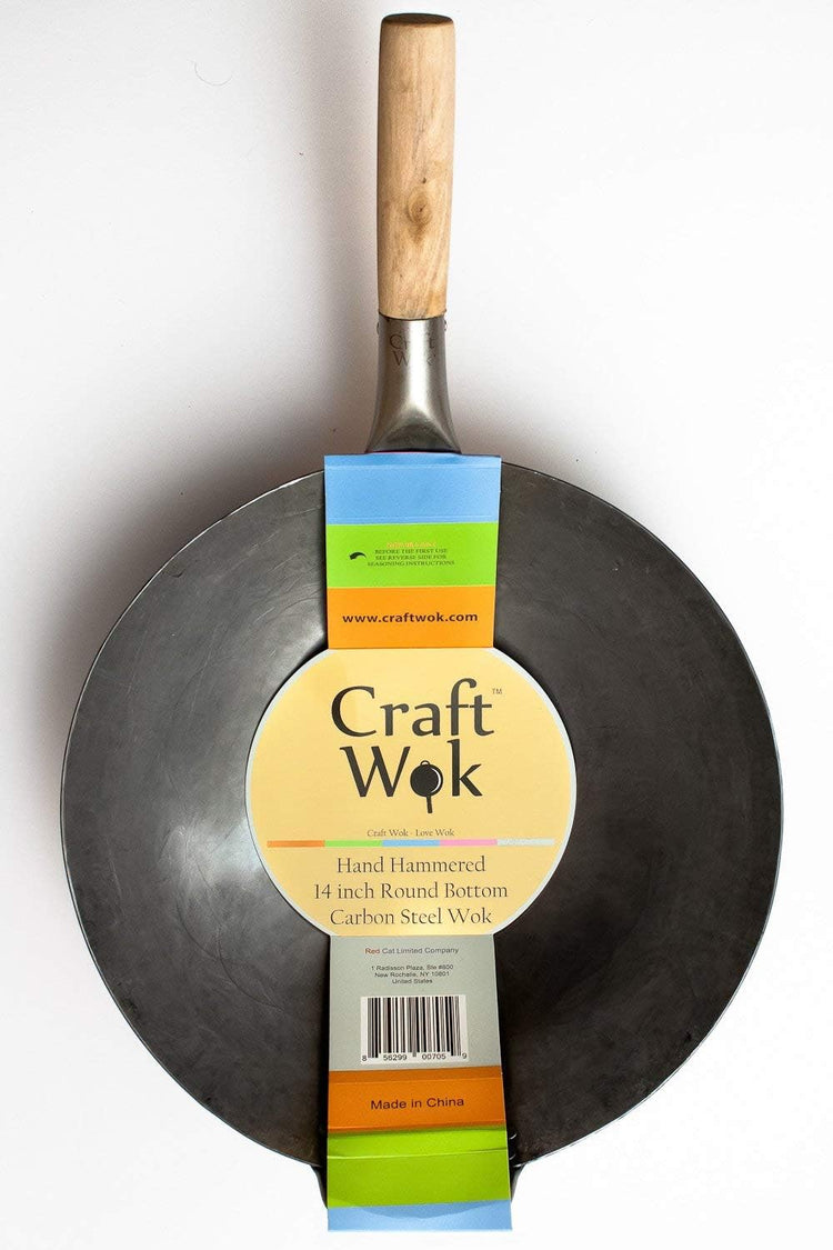 Craft Wok Traditional Hand Hammered Chinese Carbon Steel Wok with Wooden and Steel Helper Handle (14 Inch, Round Bottom Pow Wok Pan) / 731W88