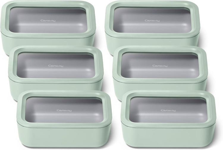 Caraway 6pc Glass Food Storage Set – 6.6 Cup Food Containers (6) - Ceramic Coated - Non Toxic, Non Stick with Lids - Microwave Safe - Mist