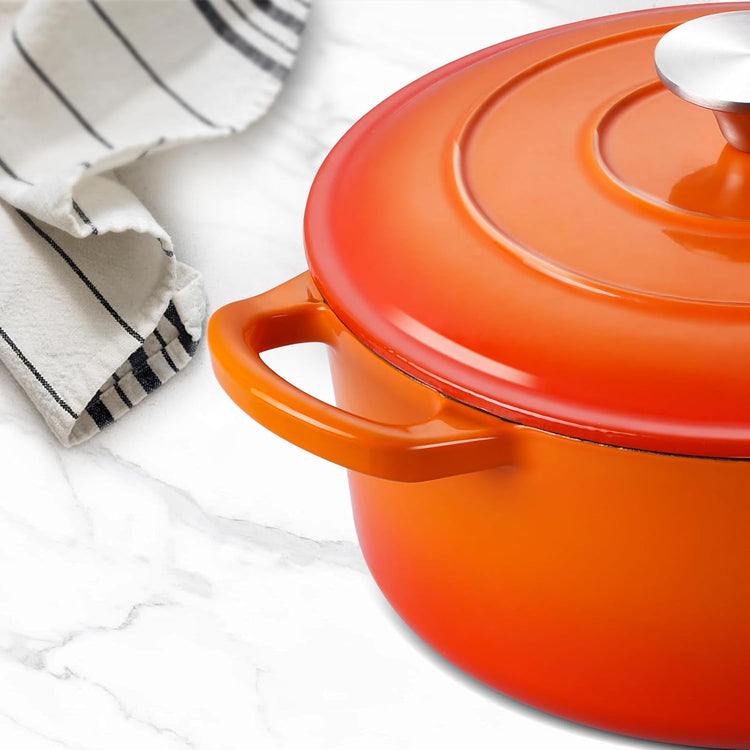 3QT Dutch Oven Pot with Lid, Leonyo 3 Quart Enameled Cast Iron Dutch Oven for Sourdough Bread Baking, Heavy Duty Cookware for Braising, Stews, Roasting, Orange - Nestoria