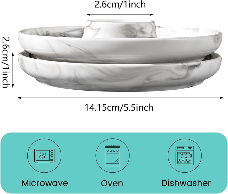 Cinf EggHolder & Spoon Set 2 Ceramic Egg Holders + 2 SS Spoons Breakfast Plate Marble 5.5'' Food Container Egg Tray Dinner Serving for Hard Boiled Eggs, Easter & Deserts Dish