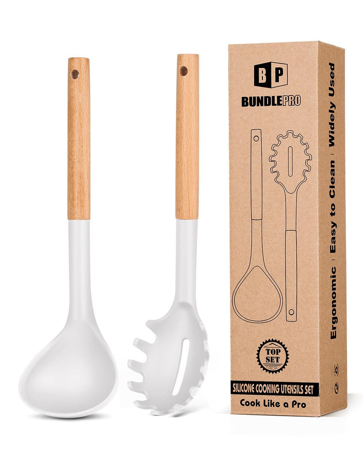 Silicone Pasta Fork and Ladle Spoon Set with Wooden Handle (2 Count)