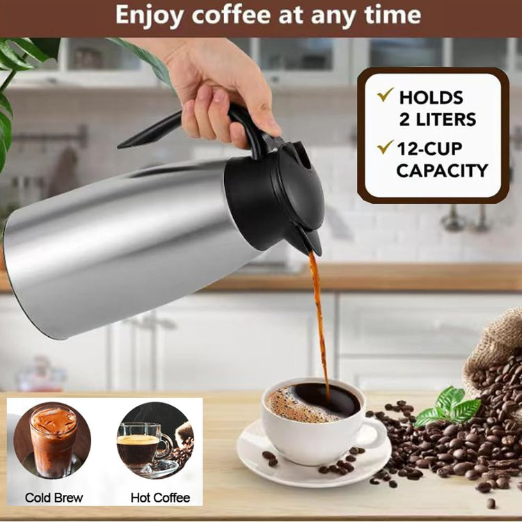 70 oz Thermal Coffee Carafe Stainless Steel, Insulated Coffee Carafe - Double Walled Vacuum Coffee Thermos Water Beverage Dispenser for Keeping12 Hour Hot/24 Hour Cold Water, Thermal carafe (Silver)