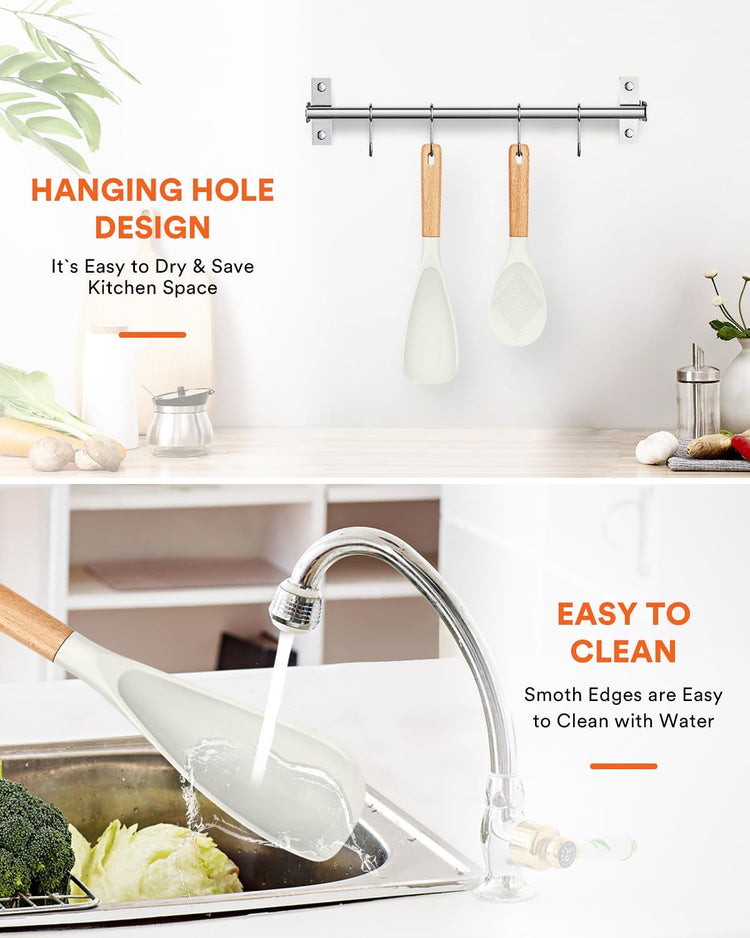 Cooking Spoon and Rice Scooper for Nonstick Cookwares, Great for Cooking and Serving Sturdy BPA-Free Matte Silicone, Wood Handle Spoon for Mixing, Scoop, and Scrape (WHITE) - Nestoria