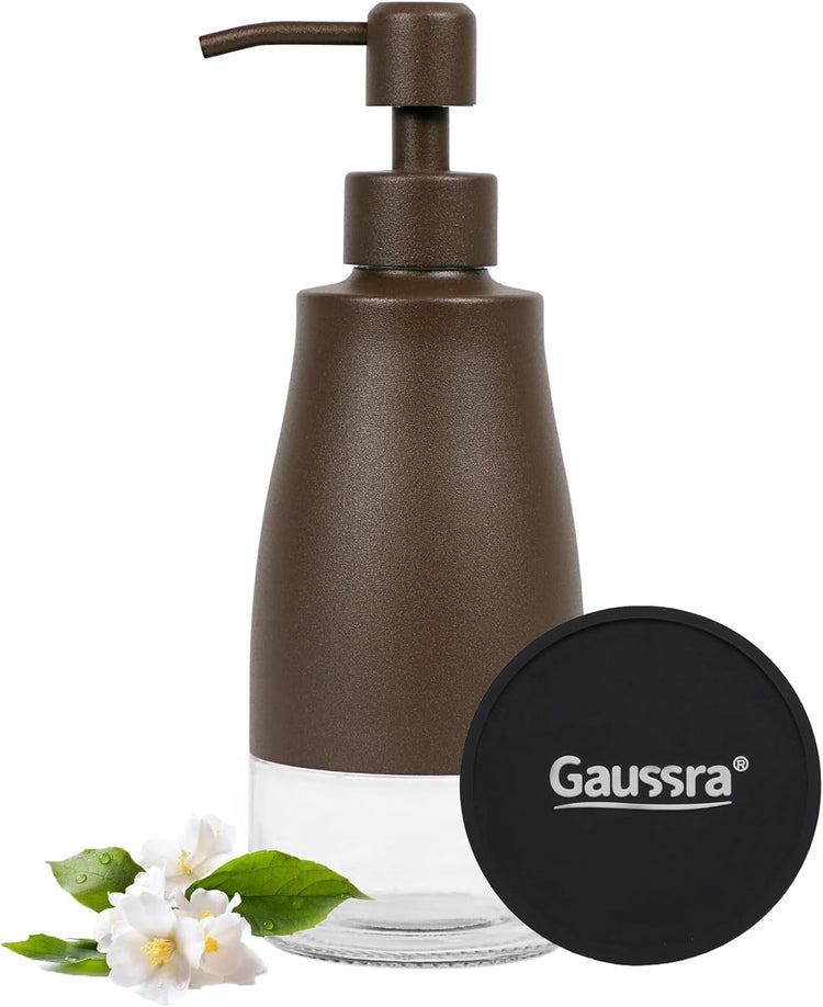 Bronze Soap Dispenser with Coaster and Stickers, Stainless Steel and Glass Bottle Hand Pump Dispenser, Refillable Liquid Hand Soap Dispenser for Bathroom & Kitchen (11OZ / 320ML)
