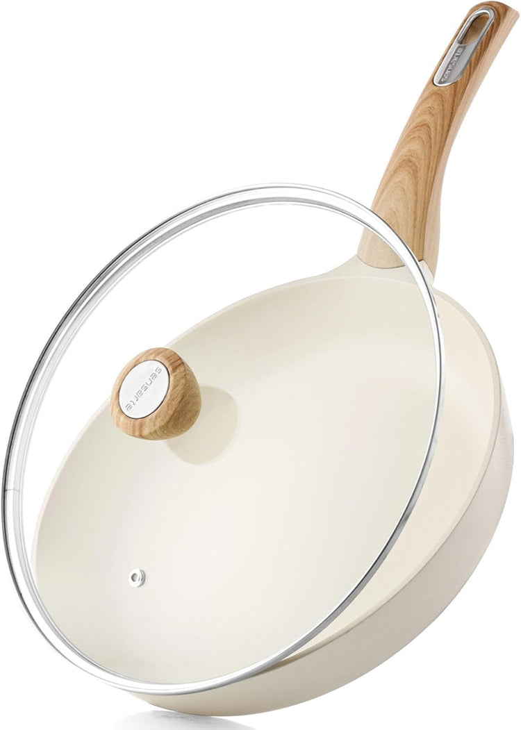 SENSARTE Ceramic Nonstick Frying Pan Skillet with Lid 11inch Non Stick Omelet Pan, Non-toxic Healthy Kitchen Cooking Chef's Pan, Free of Intentionally Added PFOA/PFAS/PTFE, Induction Compatible, White