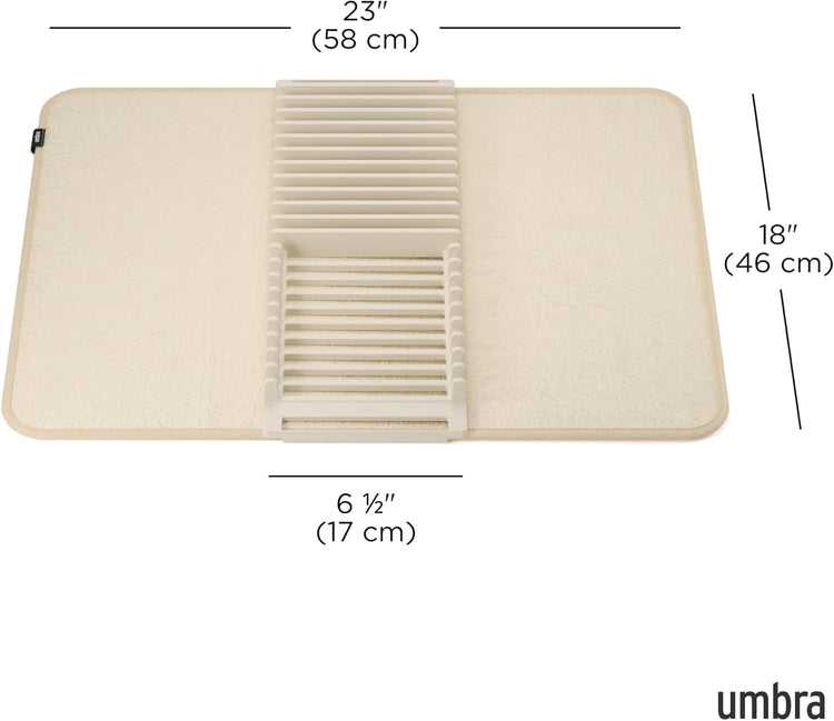 Umbra Udry Dish Rack and Microfiber Drying Mat – Space-Saving Design Folds Up for Easy Storage, Basic Rack, Linen
