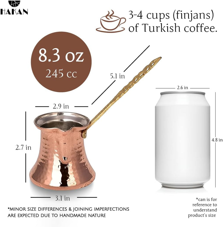 Hakan Turkish Coffee Pot | Stove Top Water Boiler, Coffee Maker, Butter, Chocolate & Milk Warmer | Even and Quick Heat with Handcrafted Copper Material | Coffee Gifts Idea, 8.3 Oz (245 cc)