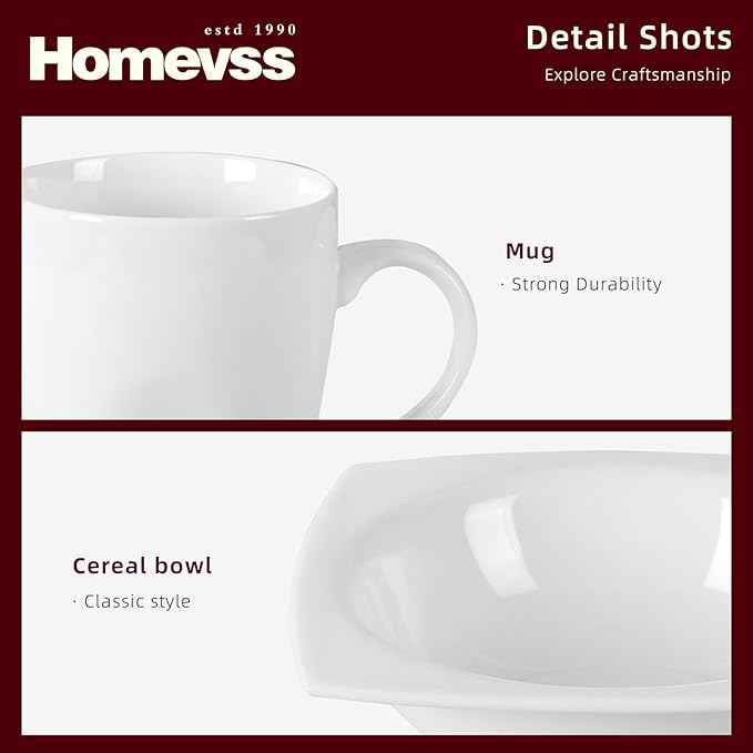 HomeVss, New Bone China Dinnerware SEt, Rim Square Shape, 40pc Set