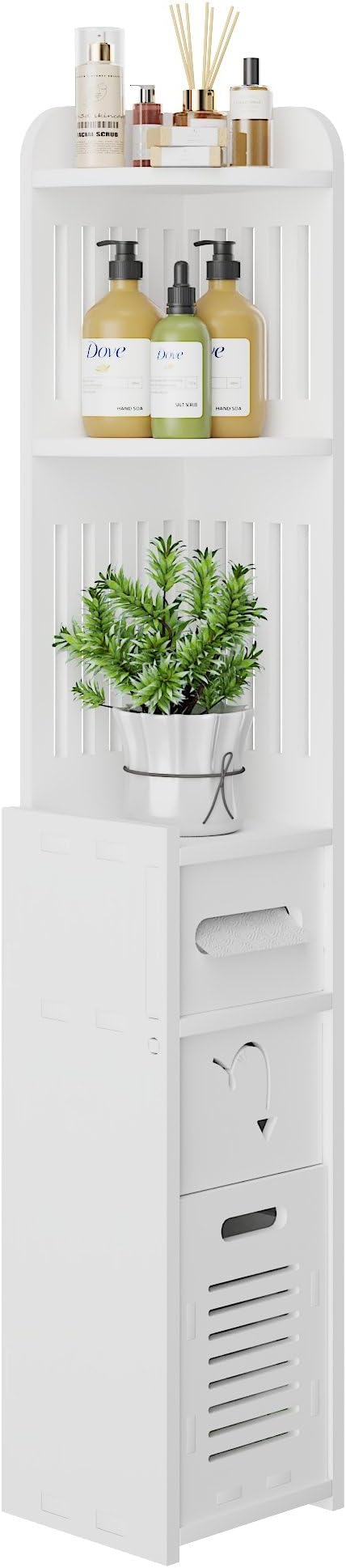 VECELO Bathroom Cabinet Corner Shelf, with Cabinet for Bathroom Narrow Space,Small Storage Organizer with Toilet Paper Roll in Restroom Waterproof Lightweight,White