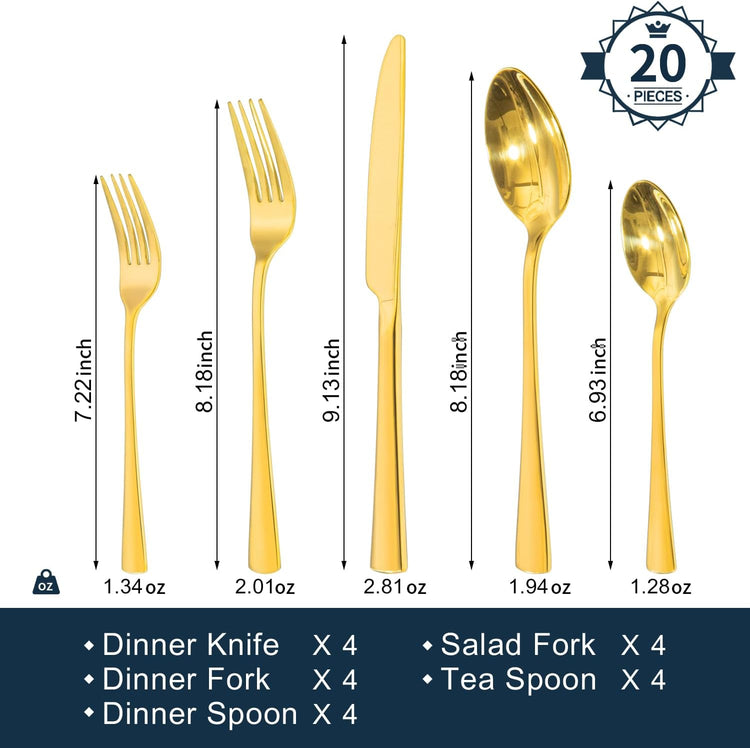 KINGSTONE 18/10 Stainless Steel Flatware, 20-Piece Forged Silverware Set for 4, Mirror Polished Cutlery Set Dishwaher Safe for Home, Restaurant, Wedding, Party, Gold