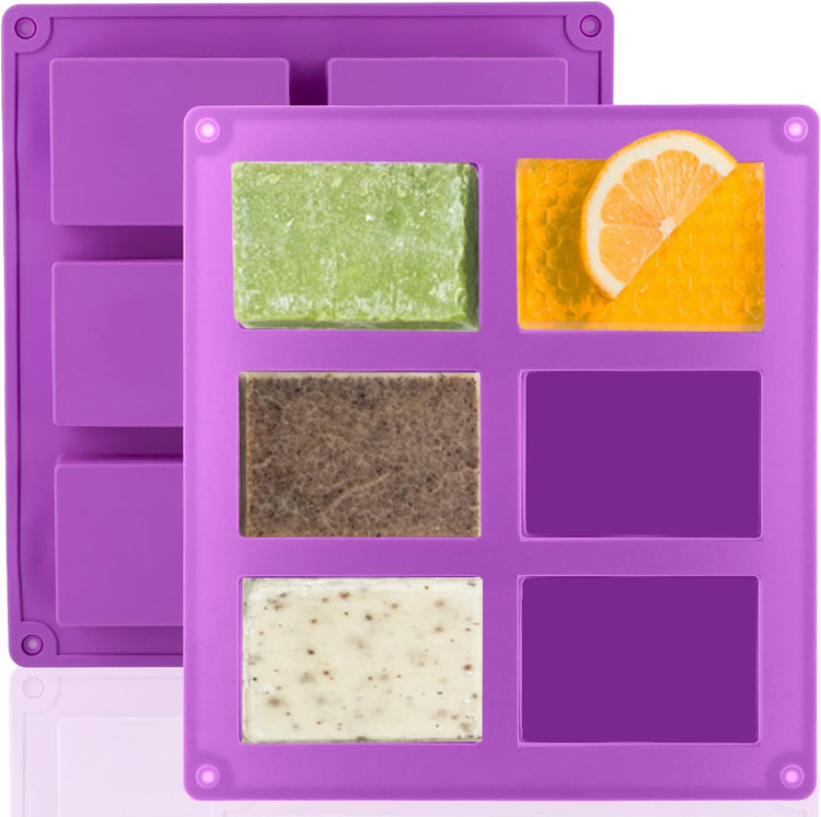 2 Pack Silicone Soap Molds, 6 Cavities Rectangle Silicone Soap Molds, Great for Homemade Craft Soap Mold, Chocolate Mold, Cake Mold & Ice Cube Tray - Just Pop Out(Purple)