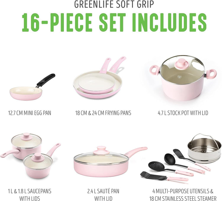 GreenLife 16 Piece Nonstick Cookware Set, Soft Grip Non-Toxic PFAS-Free Ceramic Pots & Pans, Dishwasher & Oven Safe, Frying, Sauce, Saute, Utensils, Glass Lids, Stay-Cool Handles, Wobble Free, Pink