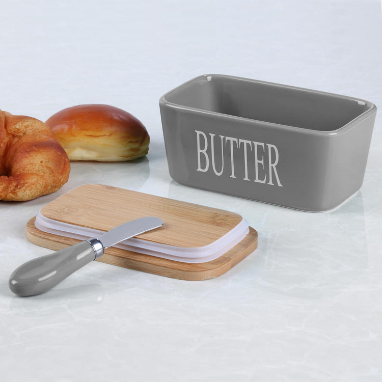 Ceramic Butter Dish with Bamboo Lid and Stainless Steel Knife Spreader Grey