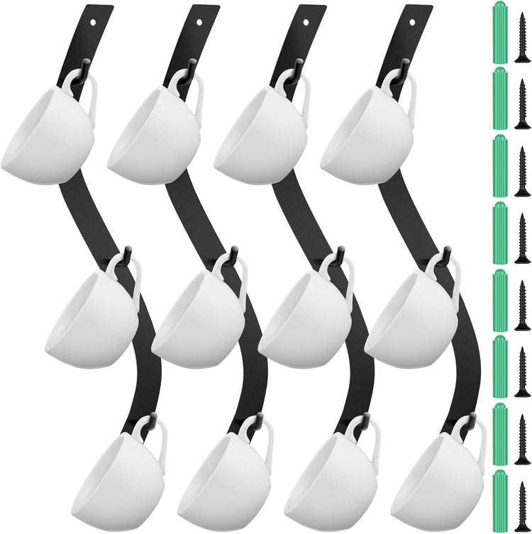 Sosation 4 Pack Coffee Mug Wall Rack Mounted with 12 Hooks S Curve Metal Coffee Cup Rack Wall Hanging Holder for Bar Kitchen Corner Station Decor Display