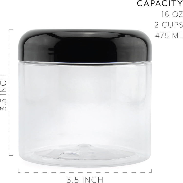 Cornucopia Brands 16oz Clear Plastic Jars w/Domed Lids (6-Pack); BPA Free PET Stackable Straight Sided Canisters for Bathroom & Kitchen Storage