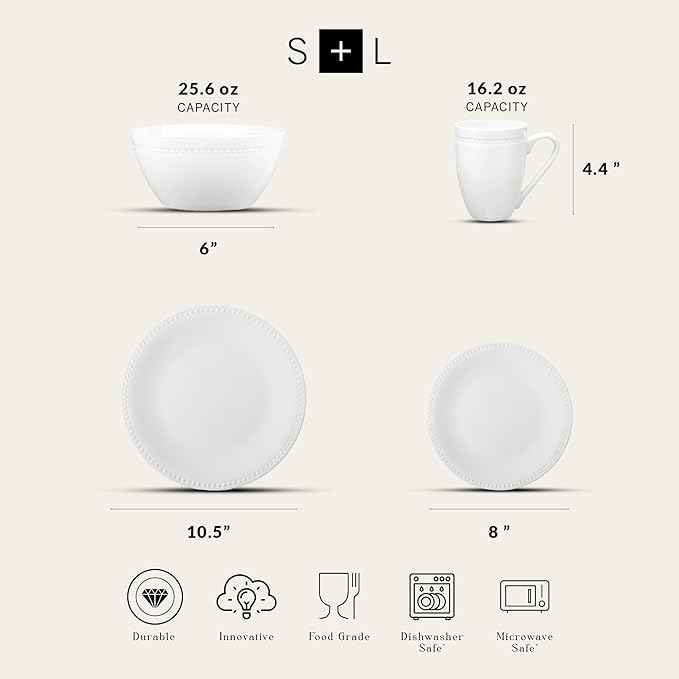 Stone Lain Ava Bone China Formal Dinnerware Set, 16-Piece Everyday Dish Service for 4 Includes Plates, Bowls, and Mugs | Chip + Scratch Resistant| White with Embossed Pinpoint Design
