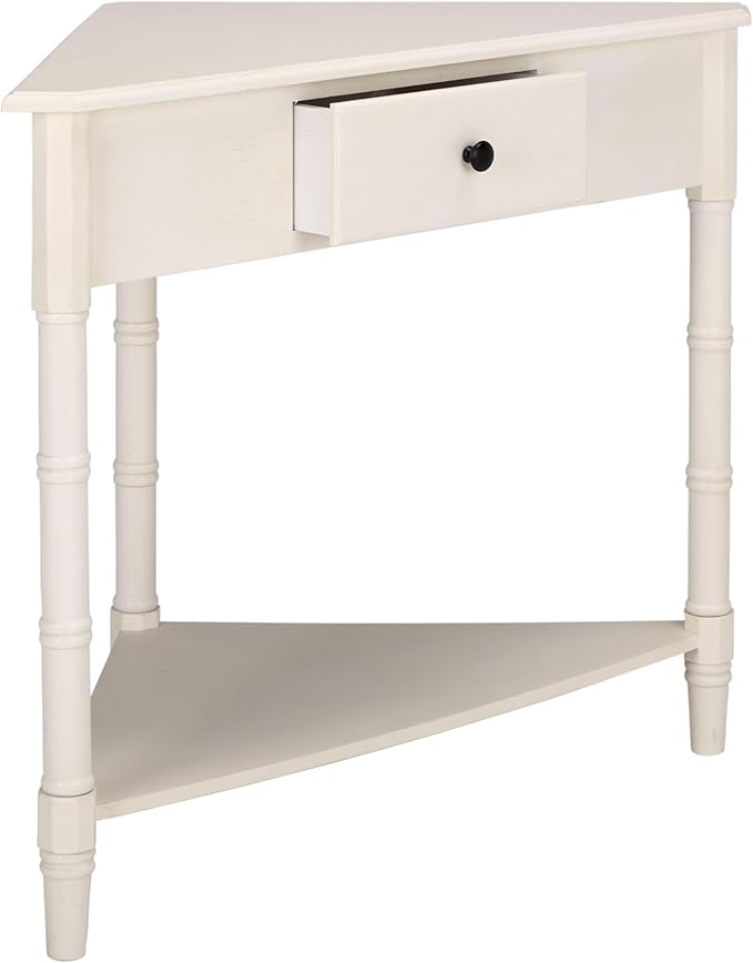 SAFAVIEH Home Collection – Gomez Ivory Corner Table, 1-Drawer Space-Saving Triangle Accent Table, Classic Turned-Leg Design (AMH5709K)
