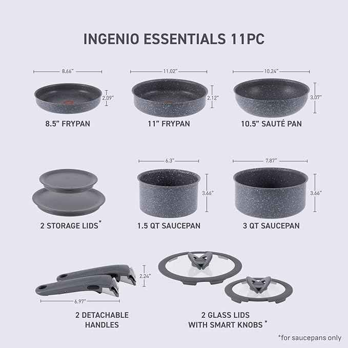 T-fal Ingenio Essentials Cookware Set with Detachable/Removable Handle 11 Piece, Granite Titanium Non Stick, Oven Broiler Safe 500F, Stackable, Pots and Pans Set, Frying Pans, Dishwasher Safe, Gray