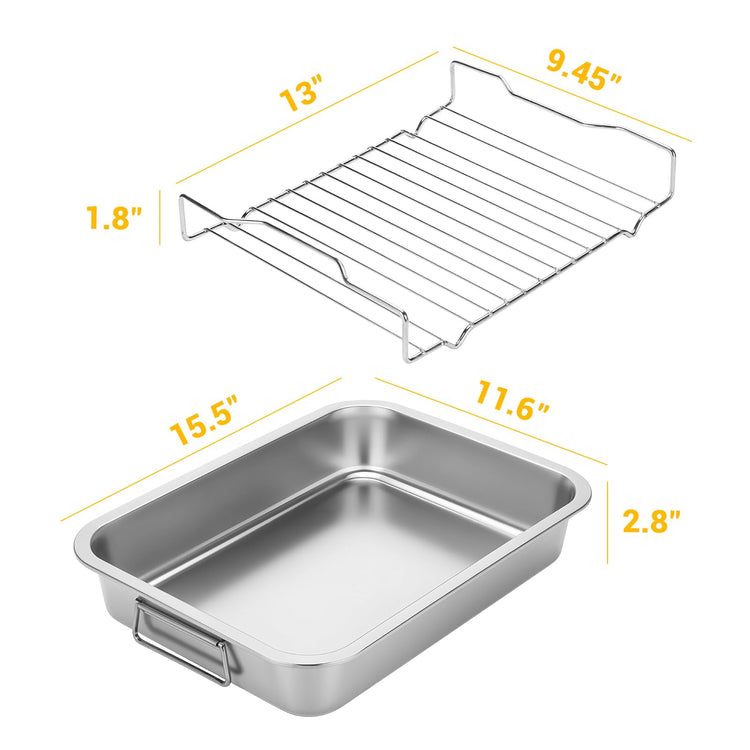 Heavy Duty Stainless Steel Roasting Pan with Rack & Handle for Oven