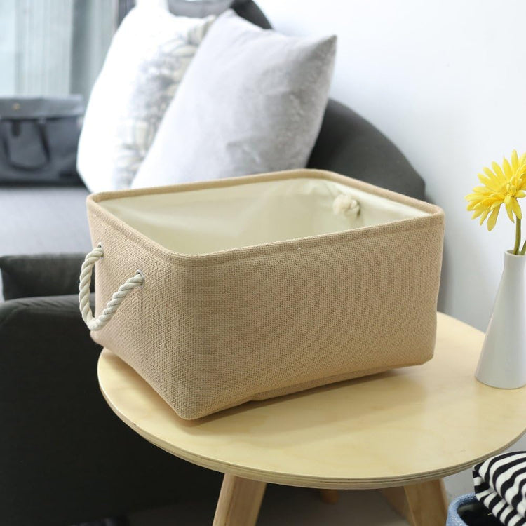 TheWarmHome Decorative Basket Rectangular Small Storage Basket Fabric Storage Bin Organizer Basket with Handles for Clothes Storage (Beige, 11.8L×7.9W×5.2H inch)