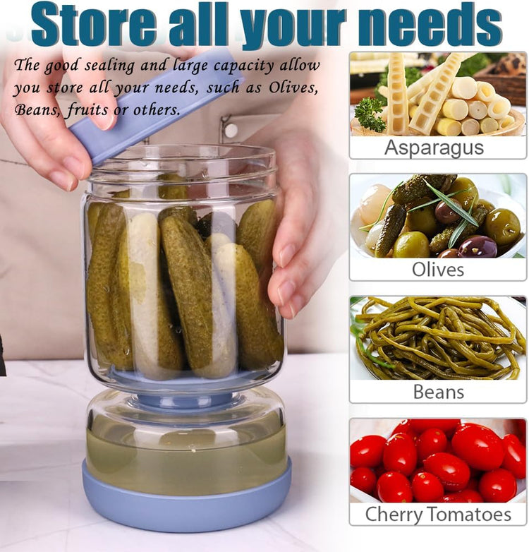 Pickle Jar with Strainer Flip for Pickle Juice Separator from Wet and Dry, Upgrade Food-grade ABS Lid and BPA Free Hourglass Pickle Jar for Airtight Food Storage, Haze Blue