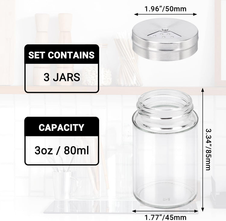 Segarty Spice Jars, 3 Pack 3 oz Spice Bottles with Shaker Lids, Glass Empty Seasoning Containers with Adjustable Pour Holes for Kitchen Spice Storage Stainless Steel Flow Top Salt and Pepper Shakers