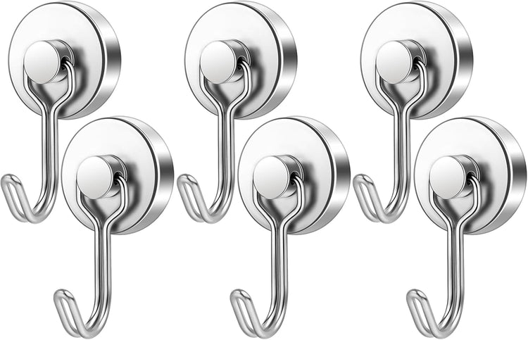 FINDMAG Magnetic Hooks, 60lbs+ Magnetic Hooks for Cruise Ship Essentials, Rare Earth Magnet Hooks Heavy Duty for Hanging, Magnetic Hanger for Garage, Grill, Fridge, Toolroom, Workplace, 6 Pack, Silver