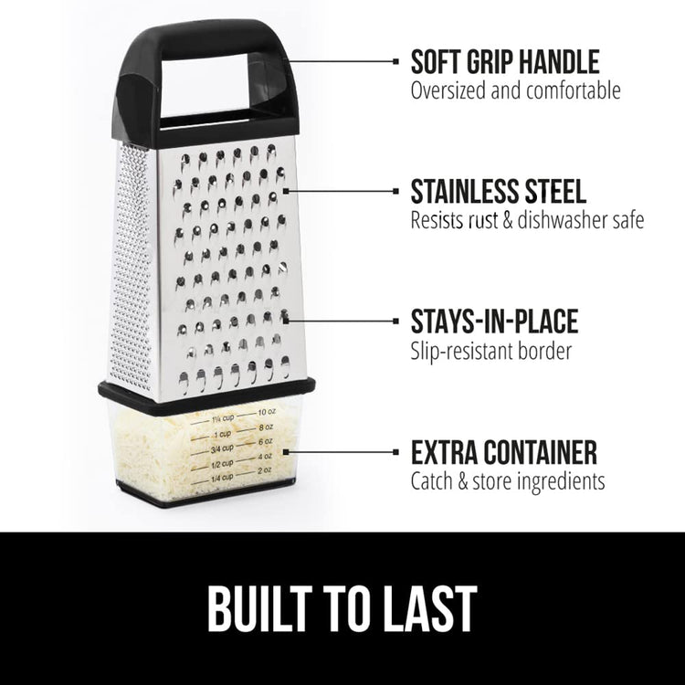 XL 4 Sided Stainless Steel Cheese Grater With Measurement Container