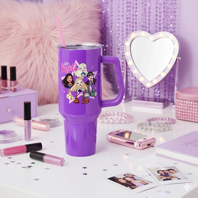 Silver Buffalo Bratz Featuring Cloe, Yasmin, Jade, and Sasha Double Walled Stainless Steel Tumbler with Handle and Straw, Fits in Standard Cup Holder, 40 Ounces