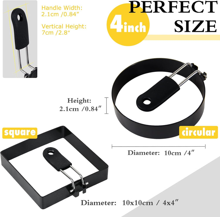 4'' Round+Square Egg Rings Set with Silicone Handle, Stainless Steel Egg Cooking Rings,Nonstick,For Frying Eggs and Egg Mcmuffins, Egg Mold For Breakfast