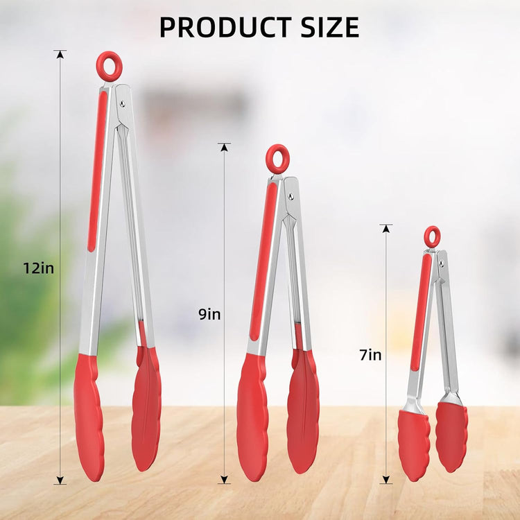 NileHome Tongs for Cooking, Professional Stainless Steel Cooking Tongs – Heat-Resistant for Grilling, BBQ, Serving Salad, Pasta, and Kitchen Use, Dishwasher Safe, Set of 7" 9" 12", Red