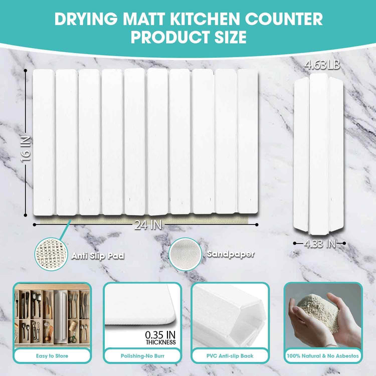 Dish Drying Mat Stone Bath Mat Diatomaceous Earth Stone Drying Mat For Kitchen Counter Sink Bath Mat Quick Dry Non Slip Foldable Dish Drying Rack Mat Large(24"×16" White)
