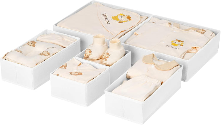 DIMJ Drawer Organizer Clothes, 6 Pack Fabric Drawer Organizer Bins, Foldable Baby Clothes Organizer & Dresser Organizer For Nursery, Clothes, Bedroom, Closet, Socks, Bra, Tie,White