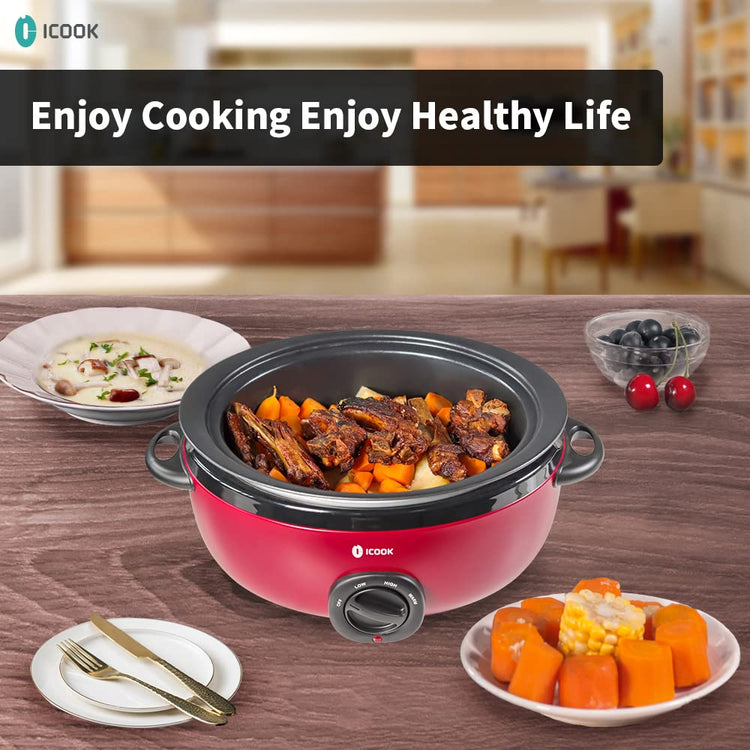 USC-65-OP001RD 6.5 Quart Slow Cooker,Aluminium Sear/Sauté Stew Pot Stovetop safe,Dishwasher Safe,Glass Lid,Adjustable Temp,Food Warmer(Red)