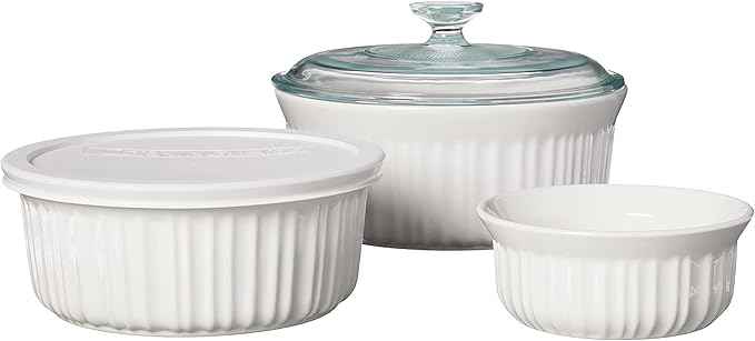 CorningWare French White 7-Pc Ceramic Bakeware Set with Lids Chip and Crack Resistant Stoneware Baking Dish, Microwave, Dishwasher, Oven, Freezer and Fridge Safe