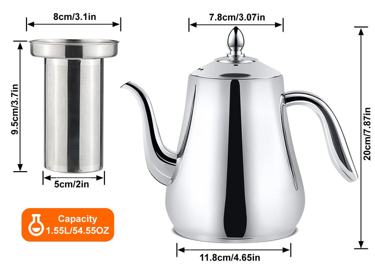 Stainless Steel Teapot with strainer Tea Pot With Removable Infuser or filter for Loose Leaf and Tea Bags cold water Pitcher Tea Maker Dishwasher Safe
