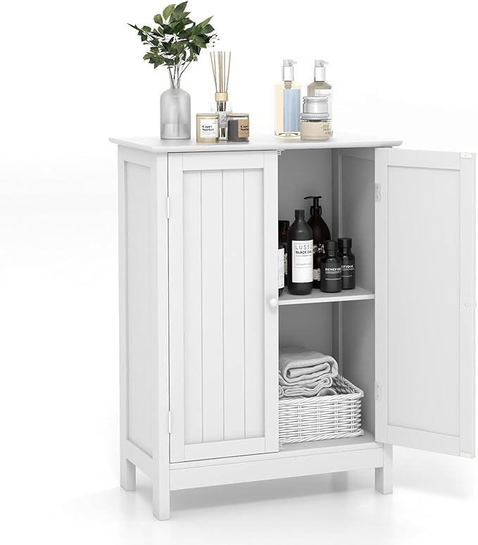 COSTWAY Bathroom Storage Cabinet, Freestanding Bathroom Organizers and Storage with Doors & Adjustable Shelf, Wooden Floor Cabinet for Home, Living Room, Entryway, Kitchen (White)