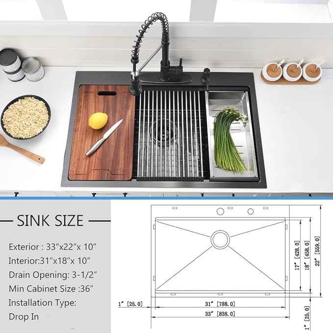 33 Inch Black Drop In Kitchen Sink Workstation - VOKIM 33x22-Inch Drop In Sink Stainless Steel Top Mount 16 Gauge Single Bowl 10'' Deep Handmade Kitchen sink with Cutting Board& Strainer