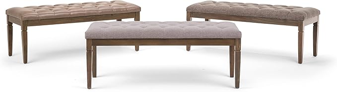 SIMPLIHOME Waverly Tufted Ottoman Bench - 48 inch Wide Upholstered Linen Look Fabric Rectangle Footstool Ottoman in Cloud Grey, Traditional Bench for Bedroom, Entryway or Living Room with Carved Legs