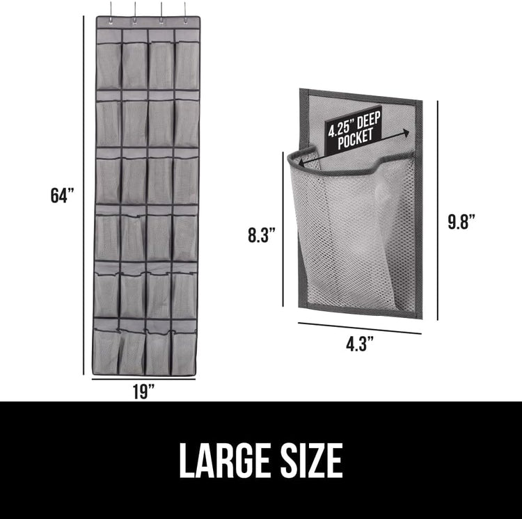 GORILLA GRIP Over the Door Shoe Organizer, 24 Large Breathable Mesh Pockets, Space Saving Hanging Storage Holder, Closet Rack Hanger Holds Up to 40 lbs, Hangs on Closets for Shoes, Accessories, Gray