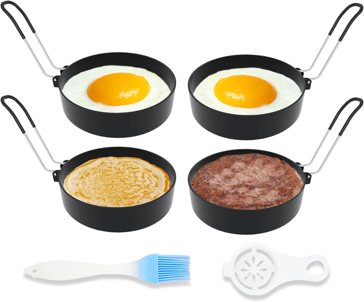 Stainless Steel Egg Rings for Frying Eggs(4 Pack) - 3.5" Round Non Stick Griddle Rings with Oil Brush, Egg Sandwich/Pancake/Cooking Molds, Breakfast Maker Accessories & Egg Separator