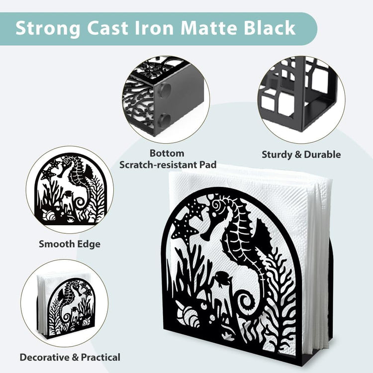 Seahorse and Coral Decorative Black Metal Napkin Holder for Table, 4.9" x 4.9" x 1.9" Ocean Standing Napkin Holder for Home Kitchen Restaurant Picnic Party Coffee Bar Dining Room