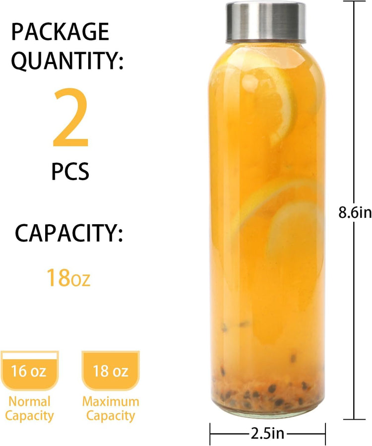 Brajttt Glass Juice Bottle with Lids,16oz Juicing Bottles Reusable, Clear Glass Water Bottles 16 oz with Stainless Steel Airtight Cap,Juice Beverage Container, Leak Proof,Set of 2